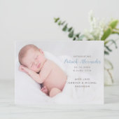Modern Blue Introduction Baby Boy Foto Aankondiging (Staand voorkant)