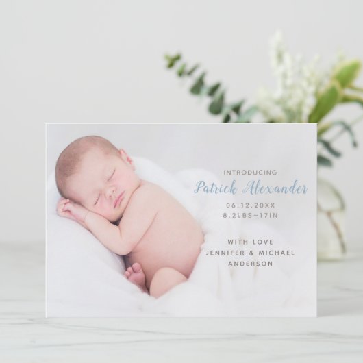 Modern Blue Introduction Baby Boy Foto Aankondiging (Staand voorkant)