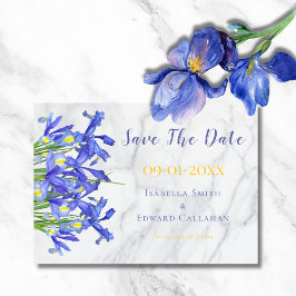 Modern Blue Iris Floral Grey Marmer Wedding Save The Date