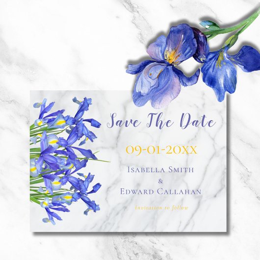 Modern Blue Iris Floral Grey Marmer Wedding Save The Date