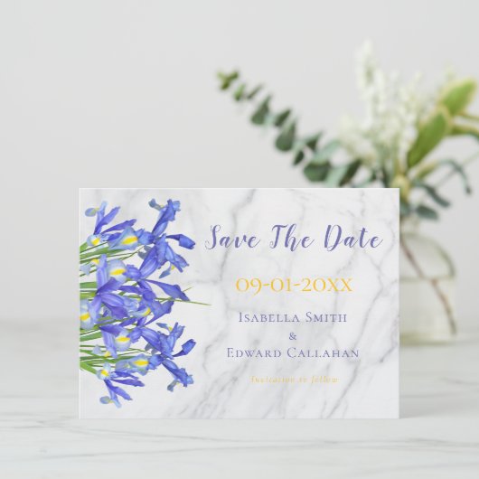 Modern Blue Iris Floral Grey Marmer Wedding Save The Date (Staand voorkant)