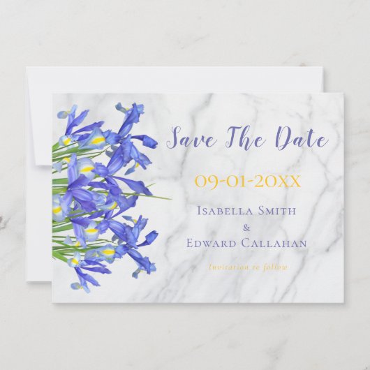 Modern Blue Iris Floral Grey Marmer Wedding Save The Date (Voorkant)