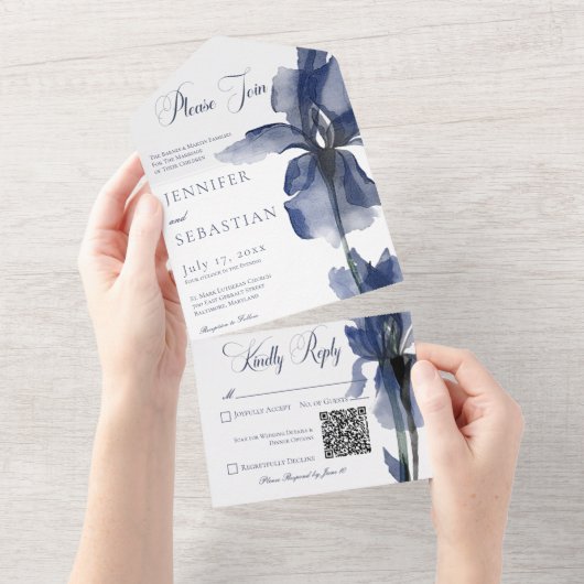 Modern Blue Iris Flower QR-code All In One Uitnodiging (Afscheurbaar)