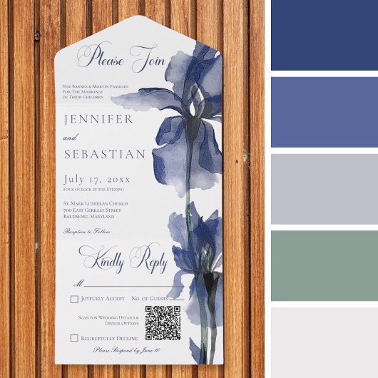 Modern Blue Iris Flower QR-code All In One Uitnodiging