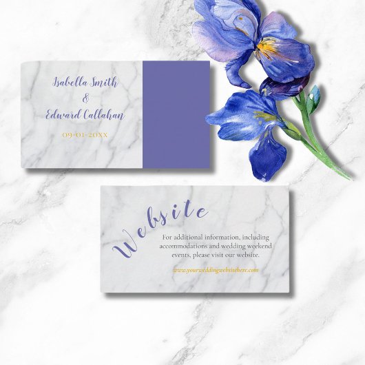 Modern Blue Iriss Floral Bouquet Wedding Website Informatiekaartje
