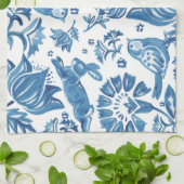 Modern Blue Jacobean Floral Rabbit Bird Pattern Theedoek (Gevouwen)