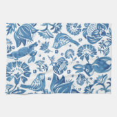 Modern Blue Jacobean Floral Rabbit Bird Pattern Theedoek (Horizontaal)