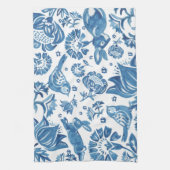 Modern Blue Jacobean Floral Rabbit Bird Pattern Theedoek (Verticaal)