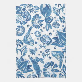 Modern Blue Jacobean Floral Rabbit Bird Pattern Theedoek