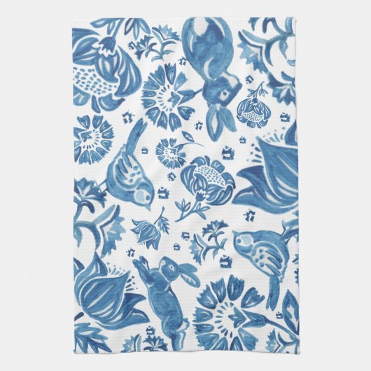 Modern Blue Jacobean Floral Rabbit Bird Pattern Theedoek (Verticaal)