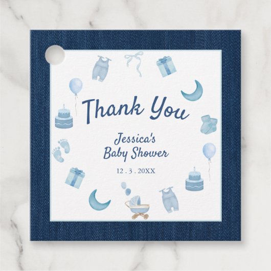 Modern Blue Jean Baby Denim Baby shower Bedankjes Labels (Voorkant)