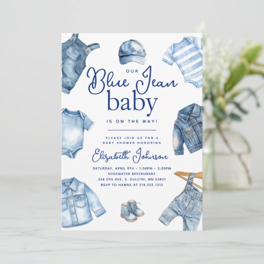 Modern Blue Jean Baby Denim Themd Baby shower Kaart (Staand voorkant)