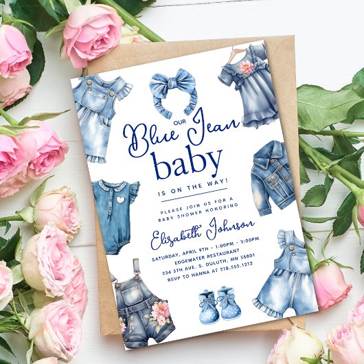 Modern Blue Jean Baby Denim Theme Girl Baby shower Kaart