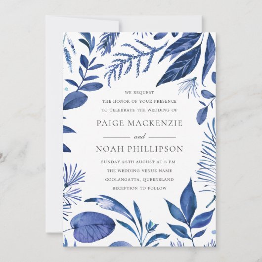 Modern Blue Leaf Elegant Wedding Invitation Kaart (Voorkant)