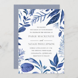 Modern Blue Leaf Elegant Wedding Invitation Kaart