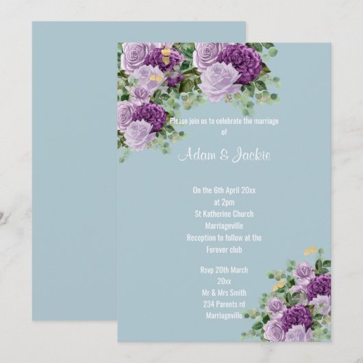 Modern Blue Lila Paars floral ELEGANT WEDDING Kaart (Voorkant / Achterkant)