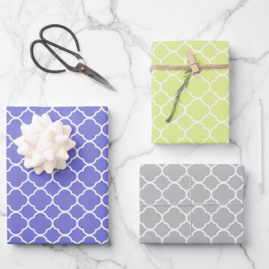 Modern Blue, Lime Green, Grey Geometric Quatrefoil Inpakpapier Vel (Voorkant)