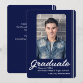 Modern Blue Line Foto Afstuderen Aankondiging (Voorkant / Achterkant)