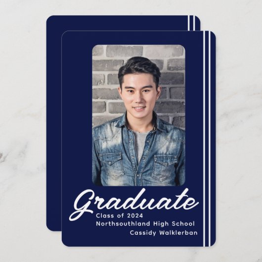 Modern Blue Line Foto Afstuderen Aankondiging (Voorkant / Achterkant)