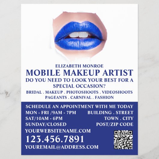 Modern Blue Lips, Makeup Artist Advertising Flyer (Voorkant)