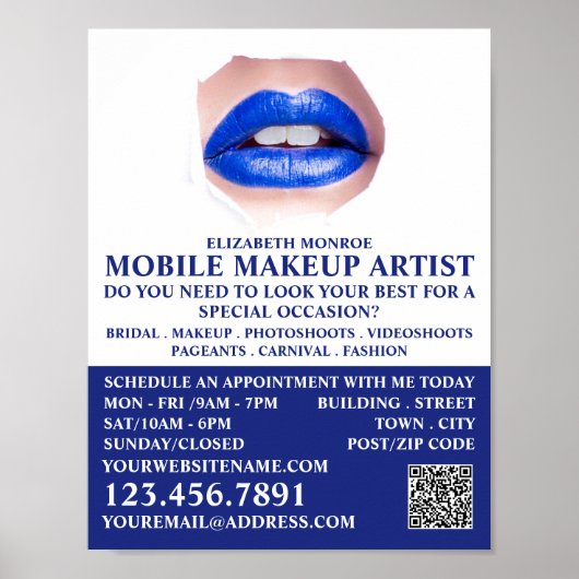 Modern Blue Lips, Makeup Artist Advertising Poster (Voorkant)