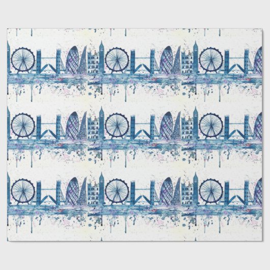 Modern Blue London skyline waterverf Cadeaupapier (Vlak)