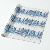 Modern Blue London skyline waterverf Cadeaupapier (Uitgerold)