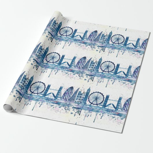 Modern Blue London skyline waterverf Cadeaupapier (Uitgerold)
