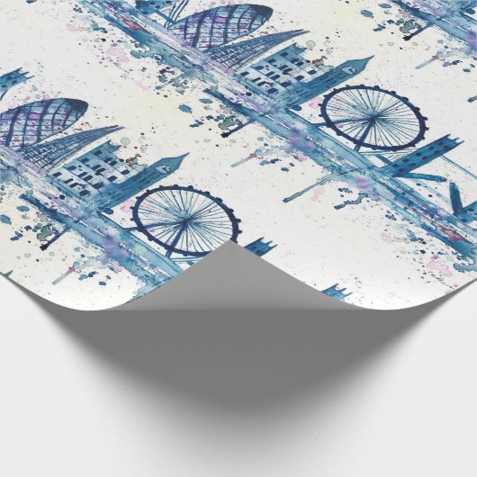 Modern Blue London skyline waterverf Cadeaupapier (Hoek)