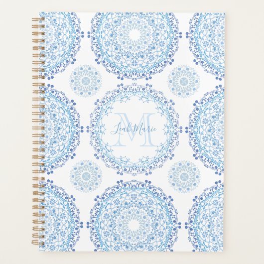 Modern Blue Mandala Monogrammed Chic Planner (Voorkant)