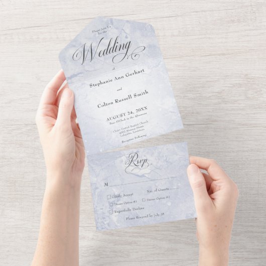 Modern Blue Marble Minimal Monogram Dinner All In One Uitnodiging (Afscheurbaar)