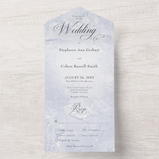 Modern Blue Marble Minimal Monogram Dinner All In One Uitnodiging (Binnen)