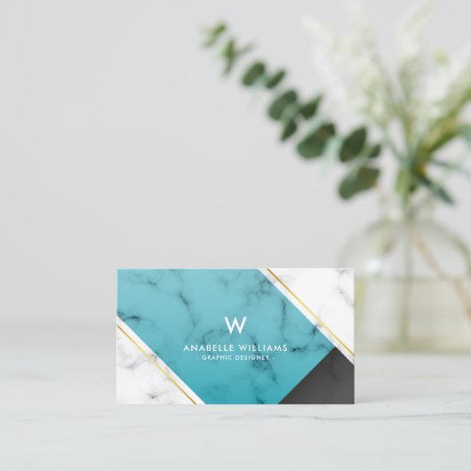 Modern Blue Marble Monogram Visitekaartje (Staand voorkant)