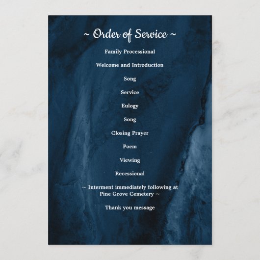 Modern Blue Marble Photo Order of Service Funeral Programmakaart (Achterkant)