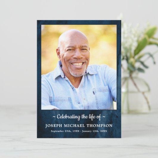 Modern Blue Marble Photo Order of Service Funeral Programmakaart (Staand voorkant)