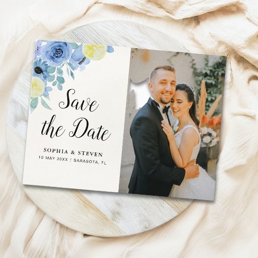 Modern Blue Mediterranean Lemon Wedding Briefkaart