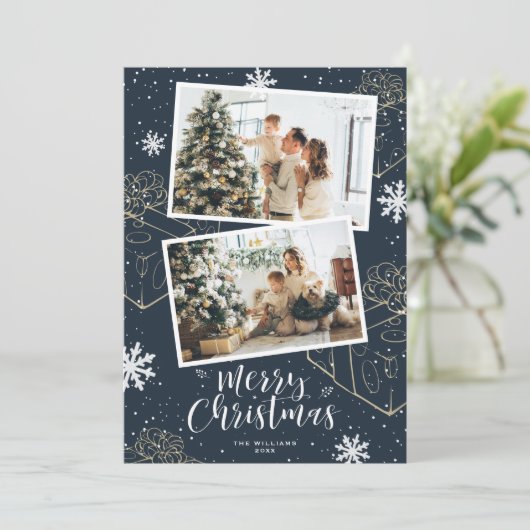 Modern Blue Merry Christmas 2 Foto Feestdagenkaart (Staand voorkant)