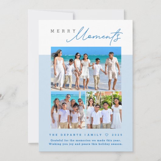 Modern blue “Merry Moments” Multi-Photo family Feestdagenkaart (Voorkant)