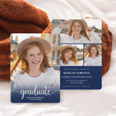 Modern Blue minimal 4-Photo script Afstuderen Kaart