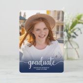 Modern Blue minimal 4-Photo script Afstuderen Kaart (Staand voorkant)