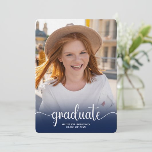 Modern Blue minimal 4-Photo script Afstuderen Kaart (Staand voorkant)