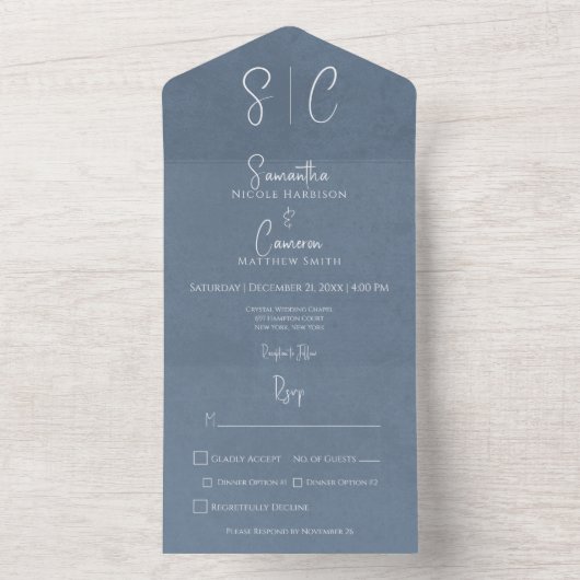 Modern Blue Minimal Monogram Dinner All In One Uitnodiging (Binnen)