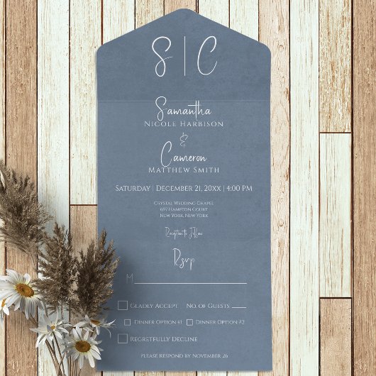 Modern Blue Minimal Monogram Dinner All In One Uitnodiging
