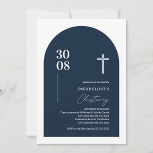 Modern Blue Minimalist Arch Boy Christening Invita Kaart