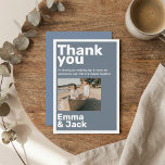 Modern blue minimalist photo wedding thank you bedankkaart<br><div class="desc">A modern minimalist wedding thank you design with a bold "Thank you" headline and clean typography. The dusty blue background and white text frame a favourite photo for a timeless,  editorial look. Ideal for elegant celebrations,  beach weddings,  and contemporary couples. Simple,  calm and stylish.</div>