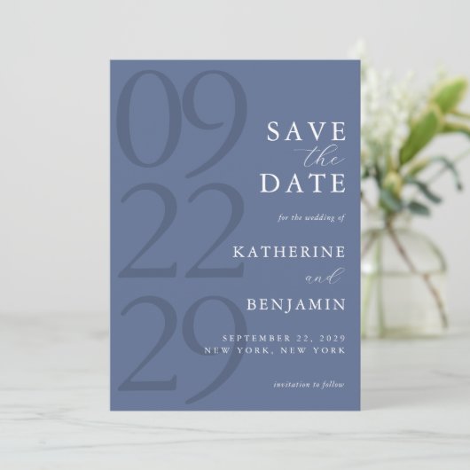 Modern Blue Minimalist Wedding Save The Date (Staand voorkant)