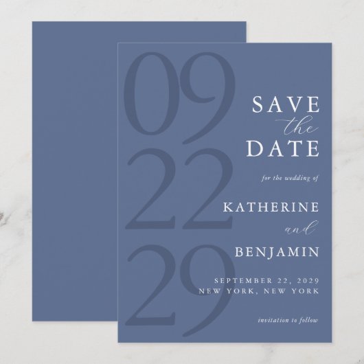 Modern Blue Minimalist Wedding Save The Date (Voorkant / Achterkant)