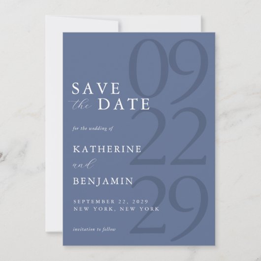 Modern Blue Minimalist Wedding Save The Date (Voorkant)