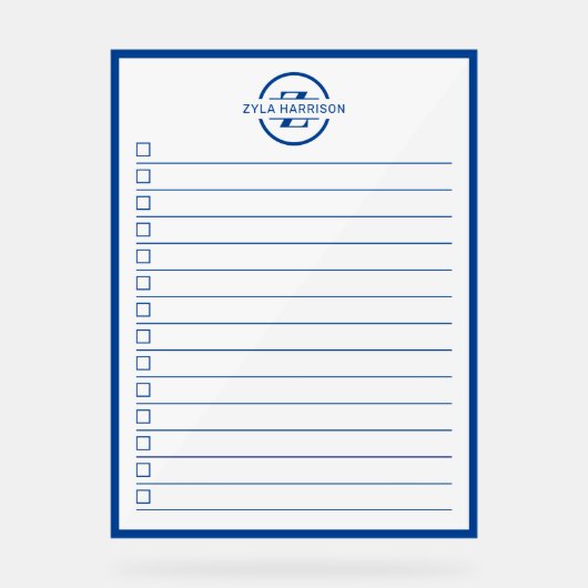 Modern Blue Monogram Name To Do List Dry Erase Acryl Bord (Voorkant)