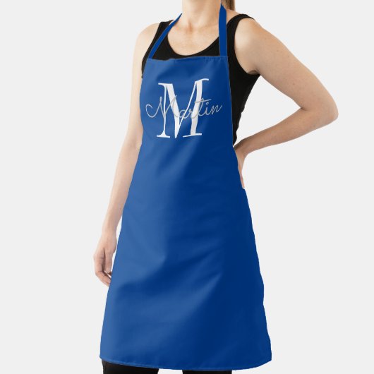 Modern Blue Monogram Persoonlijke naam Apron Schort (Insitu)